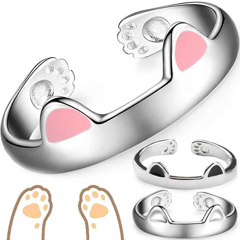 2Pcs Cute Cat Rings for Women Girls Adjustable Cat Ears Paw Animal Finger Ring Couple Cartoon Little Cat Kitten Gift Jewelry W250606