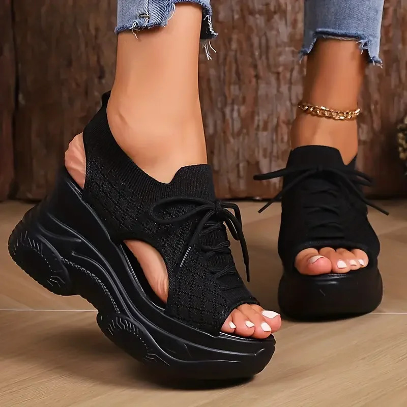 Summer Fashion Comfortable Round-toe Wedge Light Roman Sandals Non-slip Thick-soled Lace-up Casual Sneakers for Women 250605