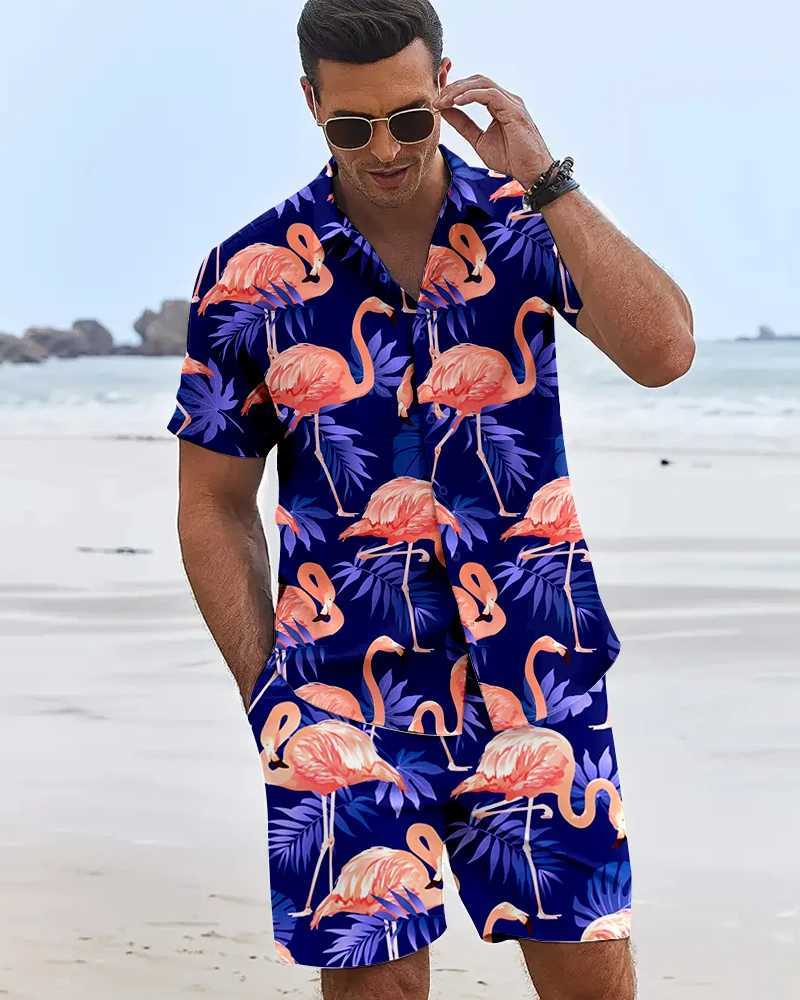 New Summer Flamingo Print Mens Short Sleeve Shirt Hawaii Mens Sports Shorts Summer y2k Mens Casual Shirt and Beach Shorts Set W250609