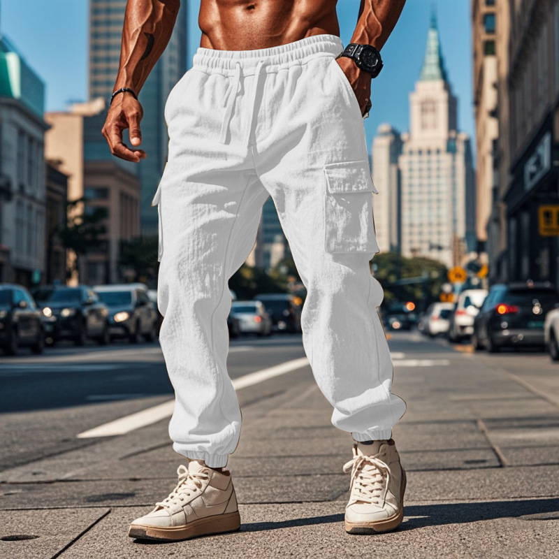Designer linen sweatpants Men's Long Pants Beach Pants Linen Pants High-Quality Pants Closed-Fly Drawstring Cotton-Linen Straight-Leg Ankle-Tie P