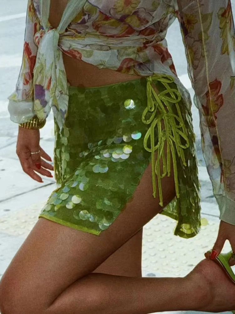 Chic Sequined Mini Skirt Women Sexy High Waist Side Split Lace Up A-line Skirts 2025 Spring Summer Glitter Lady Club Party Skirt 250605