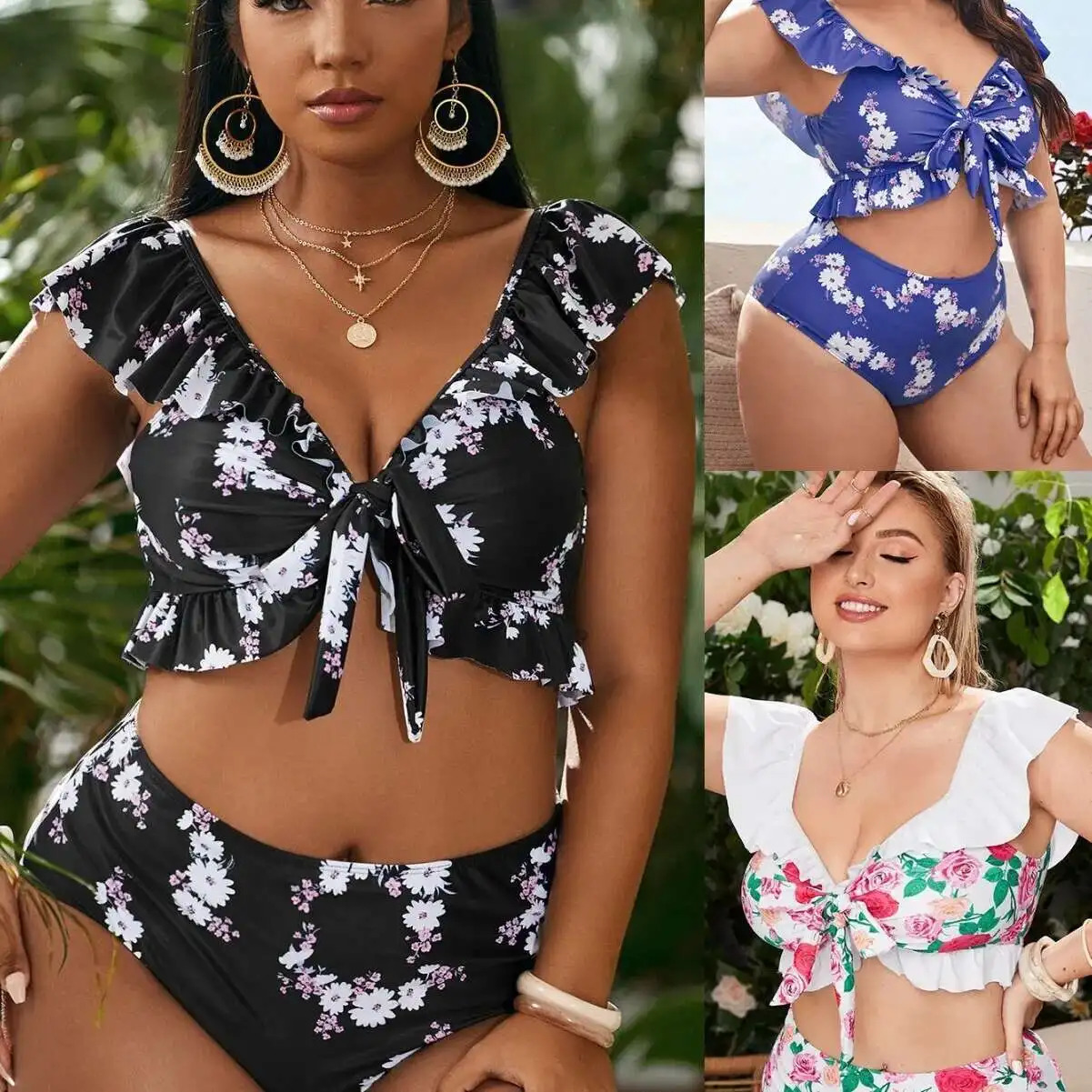 Large Size Split Swimsuit Womens Print Lace Up Bikini Beach Vacation 2025 Party Summer Elegantes Casual Y2k 250603