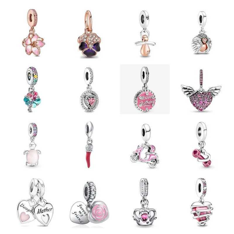 New 2023 Fashion Pink Pansy Flower Pendant Bead 925 Sterling Silver Plated Fit Necklace Keychain Charm DIY Jewelry Bracelet XJ250607