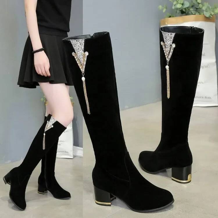 Ddmyoutdoor Women S Long Boots Fashion Rhinestone Thick Heeled High Knee High Zipper Retro Knight Boot Shoes Outdoor Shoes
