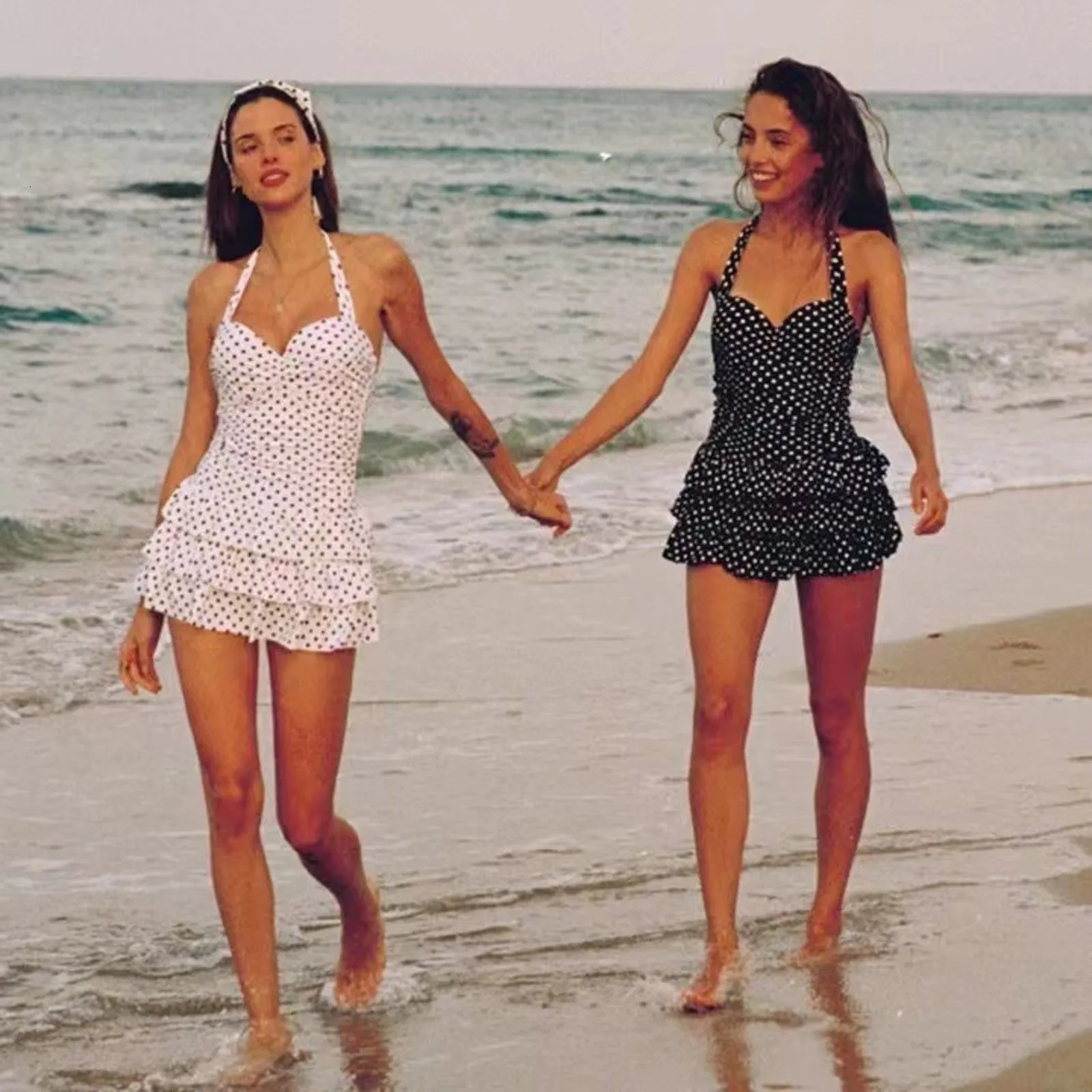 Swimwear Women Beach Dress With Shorts Polka Dot Print Black White Swimsuits Halter Ruffles Hem Layer Sexy Beachwear 250530