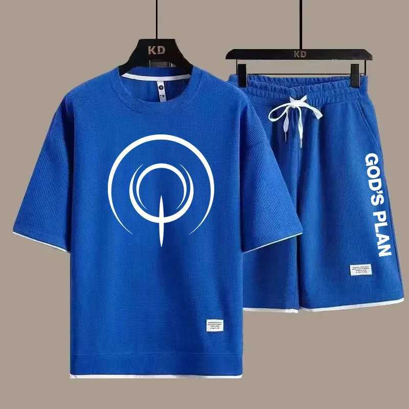 Summer Mens Waffle Suit Casual T-Shirt Shorts Set Mens Sportswear Solid Color Suit Tracksuit Loose Fit Two-Piece Set W250609