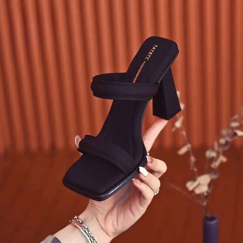 High-Heeled Shoes Lady Square heel' Slides Block 2025 Summer Soft Designer Flat Rubber Fabr