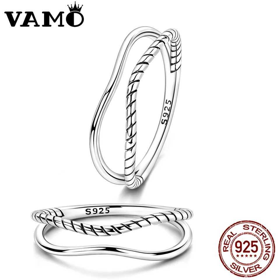 VAMO 925 Sterling Silver CZ Zircon Rings Double Layered Curved Rop Woman Rings Sparkling Wedding Ring For Girls Anniversary Gift W250606