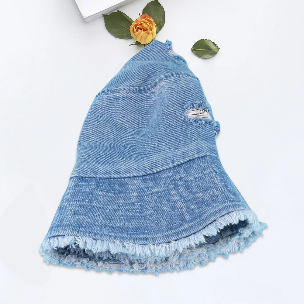 Retro Fashion Washed Fringed Ripped Denim Fisherman Hat For Men and Women Summer Solid Color Sun Hat Versatile For Daily Use 250605
