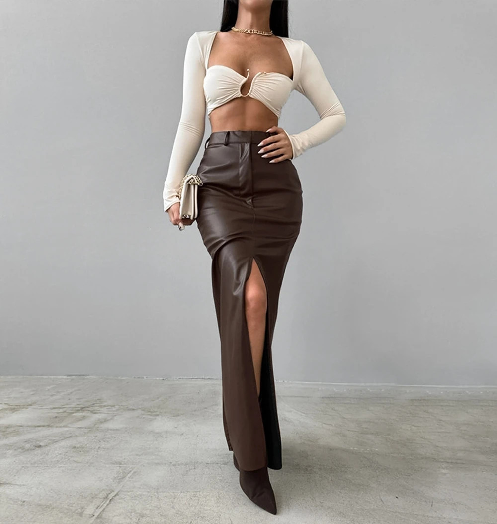 European And American Style Fashionable PU Leather Solid Color Splicing Sense High Waist Slit Slim Fit Long Skirt 250605