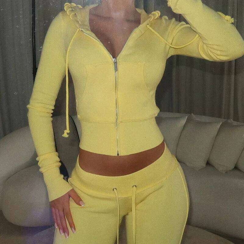 2 Two Piece Lounge Set Women Clothing Elegant Tracksuit Drawstring Hoodie Zip Crop Jacket and Flared Pants Outfit Matching Sets
