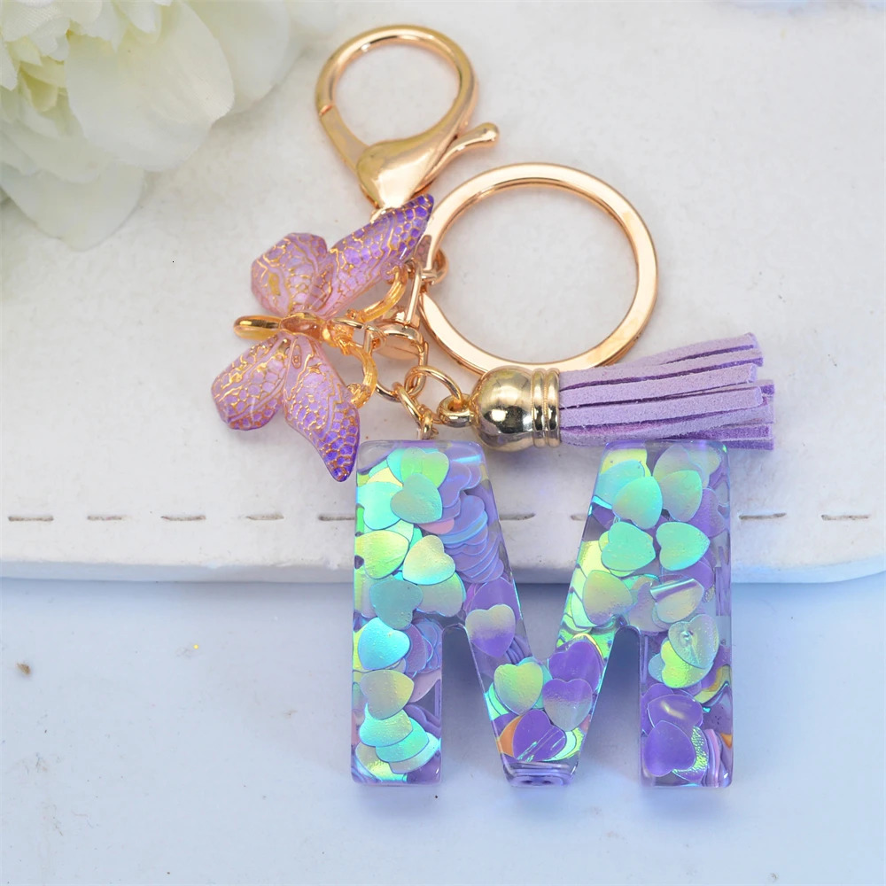 Exquisite 26 Initial Blue Shiny Resin Keychain A to Z Letter Purple Butterfly Tassel Pendant Keyring for Women Men Couple Gift 250606