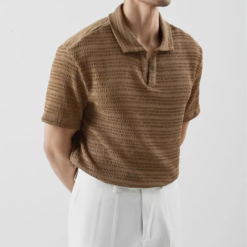 Stylish Mens Short Sleeve Polo Shirts Knit Hollow Out Breathable Polo Neck Tops Men Summer Casual Solid Color Knitted Polos 250605