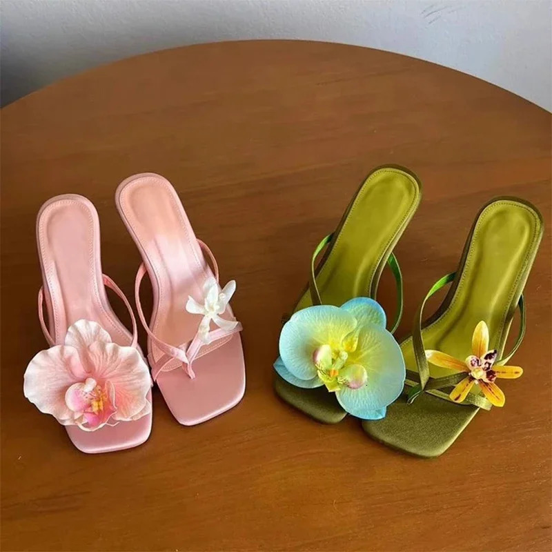 Hawaii Asymmetrical Flower SandalsSilk Fairy Clip Toe Thin HeelsWomen Beach Vacation Flip Flop Sandal Summer Dress Shoes 250605