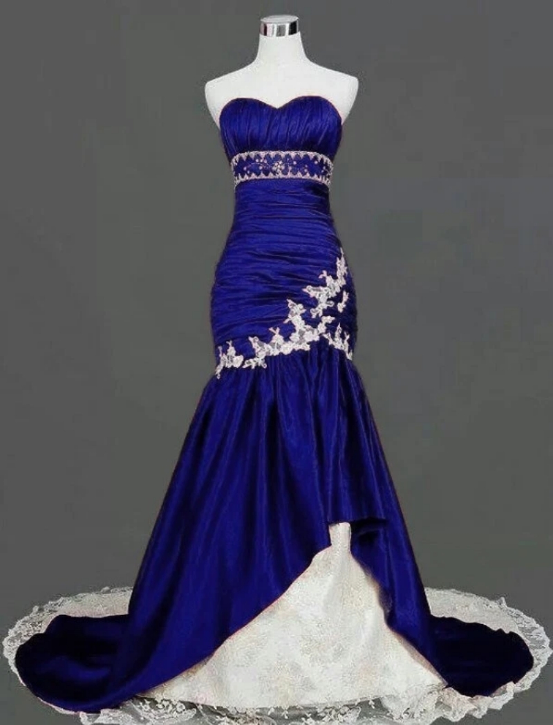 Elegant Royal Blue Mermaid Evening Dresses Empire Waist Lace Appliques Pleats Long Satin Prom Formal Wear 2025 Vintage Party Events Gown
