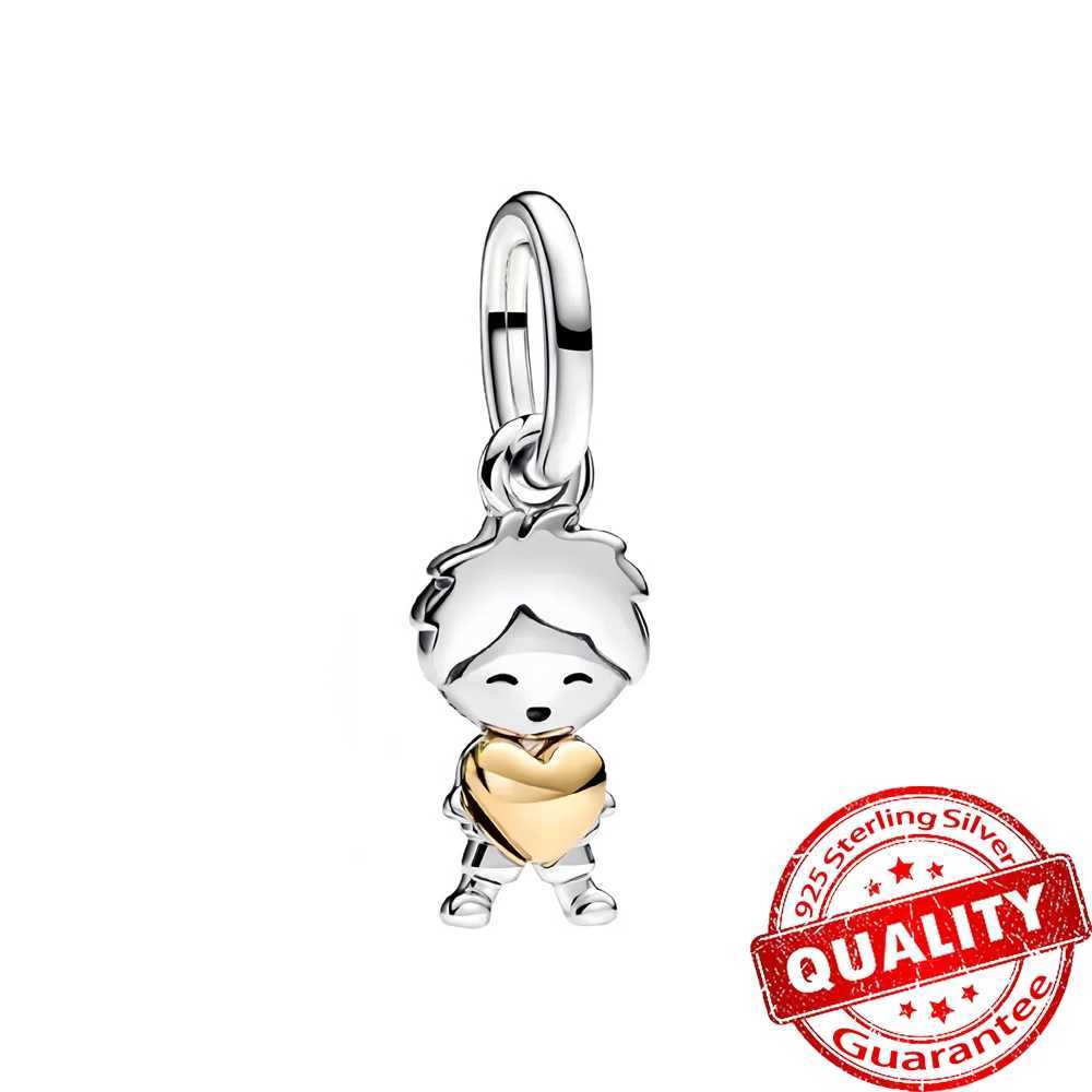 Luxury 925 Sterling Silver Double Golden Heart Split Charm Fit Original Bracelet Cute Boy Girl Pendant for Fine Jewelry XJ250607