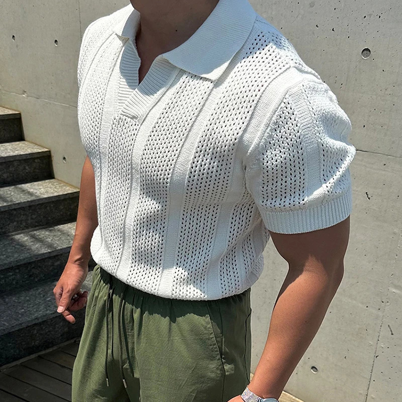 2025 Spring Summer Casual Mens Mesh Polo Shirts Slim Fit Knitted Short Sleeve Polo Tops Men Vintage Lapel Solid Color Pullovers 250605