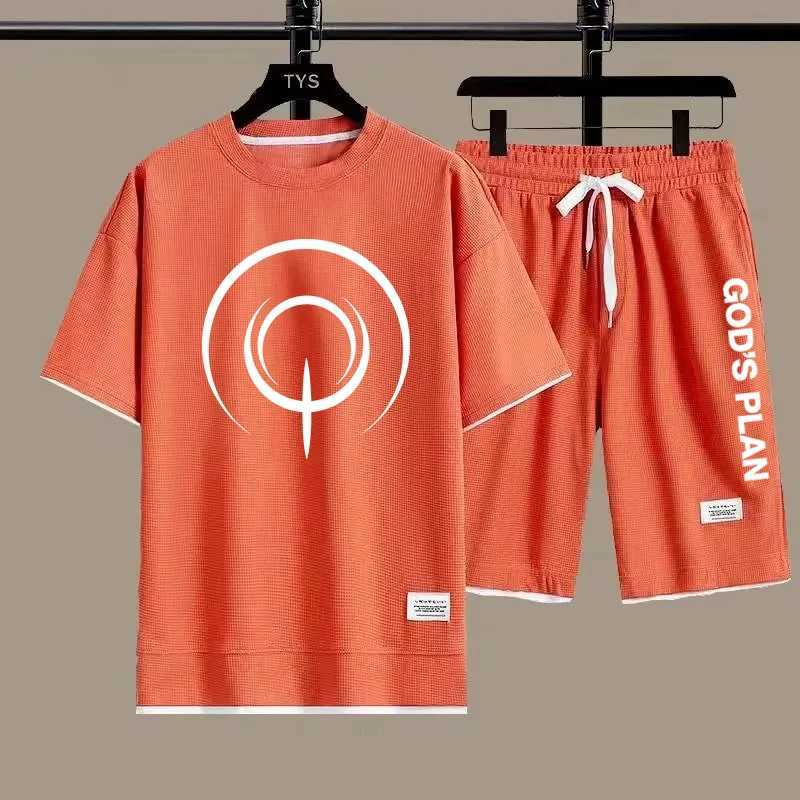 Summer Mens Waffle Suit Casual T-Shirt Shorts Set Mens Sportswear Solid Color Suit Tracksuit Loose Fit Two-Piece Set W250609