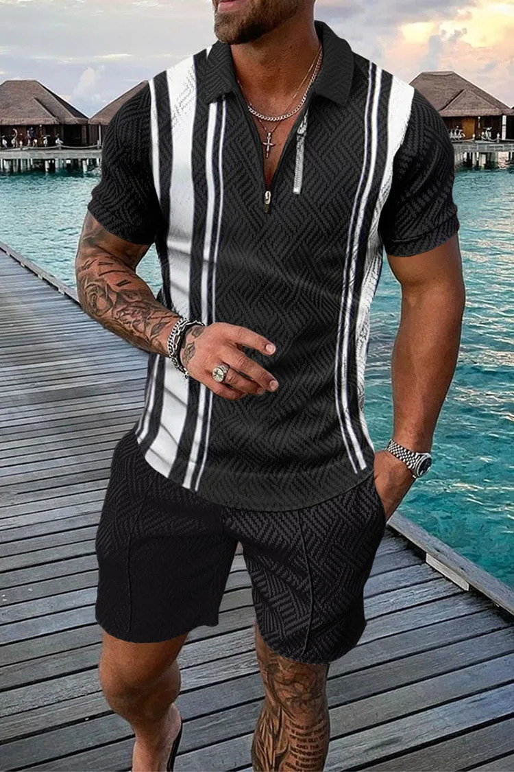 Mens Summer Casual Polo Shirt Set Male Fashion Tracksuit Solid Color Suit Trun Down Collar Zipper Clothing Vintage Outfit 250605