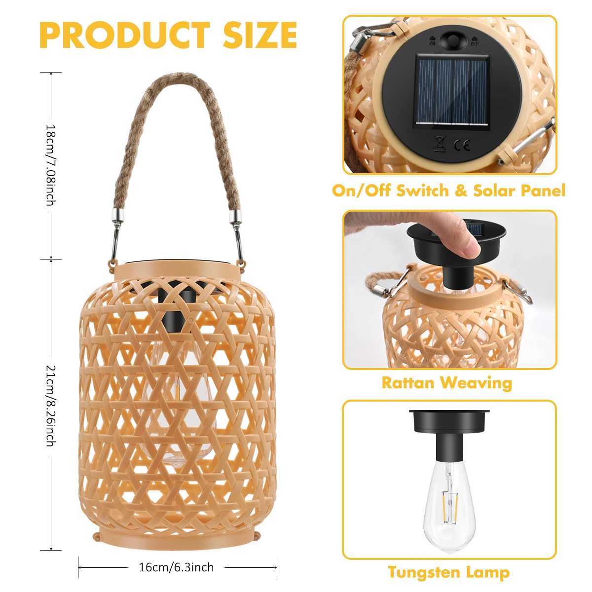 Decoration Lights Outdoor Rattan Solar Lantern with Handle Solar Bulb Lamp LED Hanging Lantern Lights Garden Landscape Lamp XJ250606