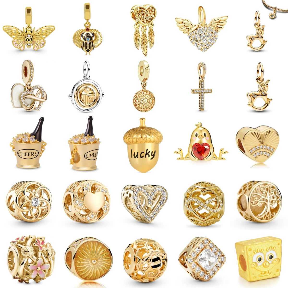 New 925 Gold Plated Champagne Cross Life Tree Chicken Lucky Pendant Charm Beads Fit Original Bracelets DIY Women Jewelry XJ250607