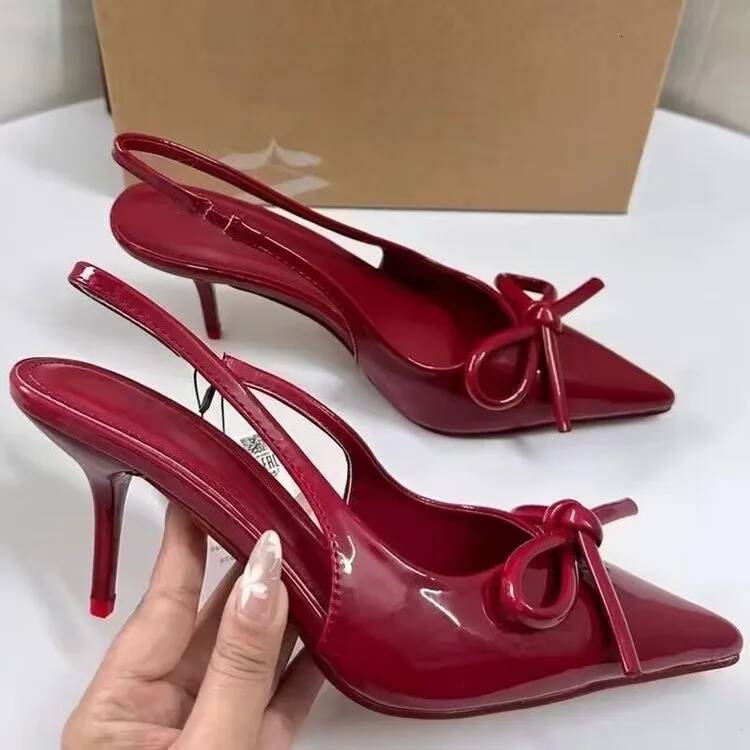 Ddmyoutdoor Summer Red Leather Pointy Bow Design Buckle Strap Sandals Women Sexy Open Toe Thin Heels Party Pumps Zapatos Mujer Outdoor Shoes