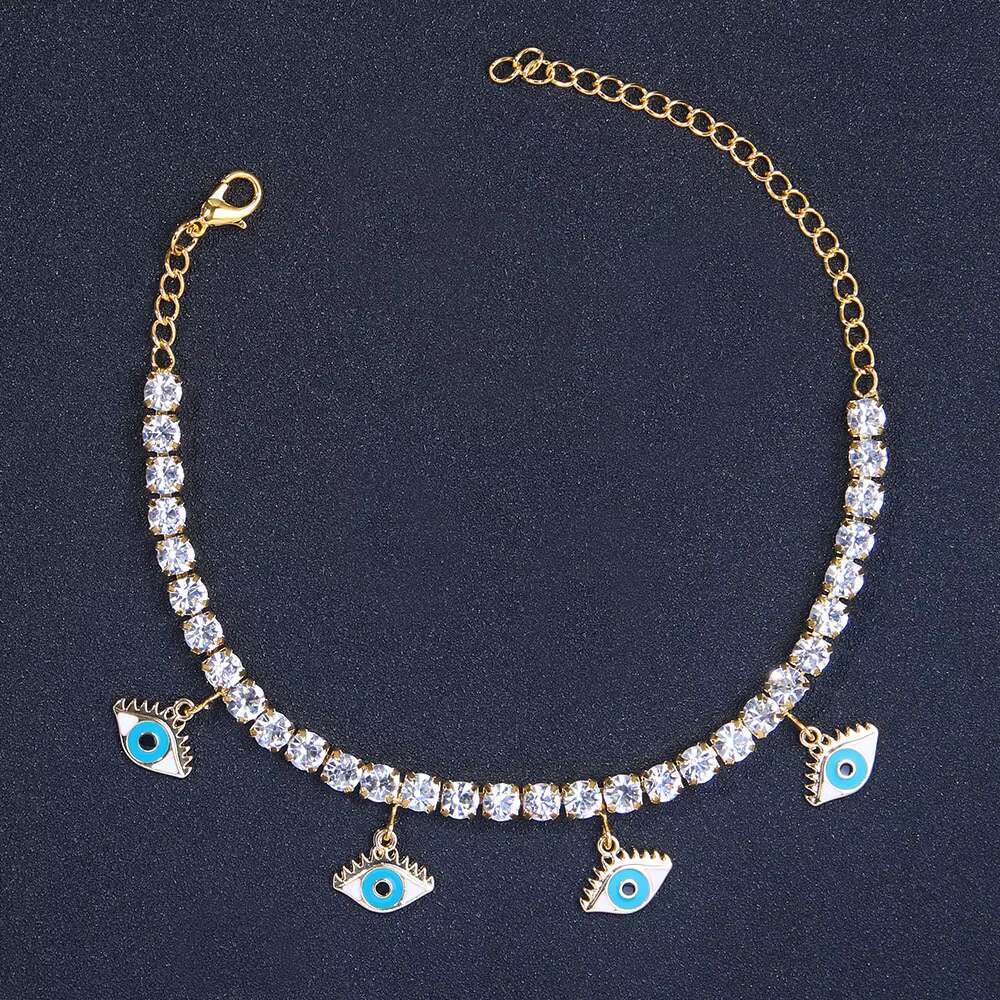 Lady Silver 18k Gold Tennis Bracelet Anklets Crystal Zircon Link Ankle Foot Jewelry for Women Evil Eyes Rhinestone Anklet