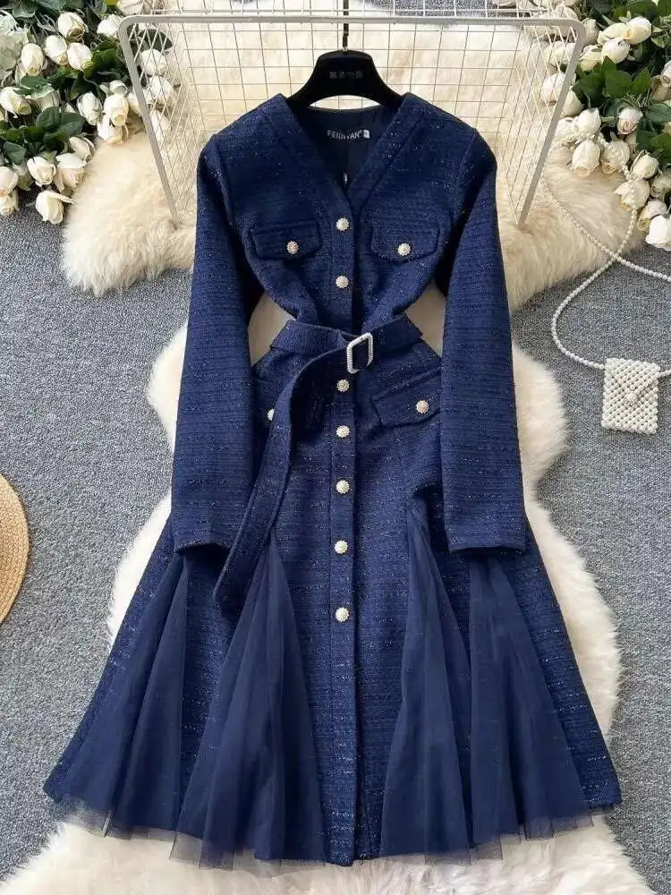 Autumn Vintage Long Sleeve Mesh Tulle Tweed Woolen Midi Dresses Womens Pearls Golden Single Breasted Diamonds Belt Clothing 250603