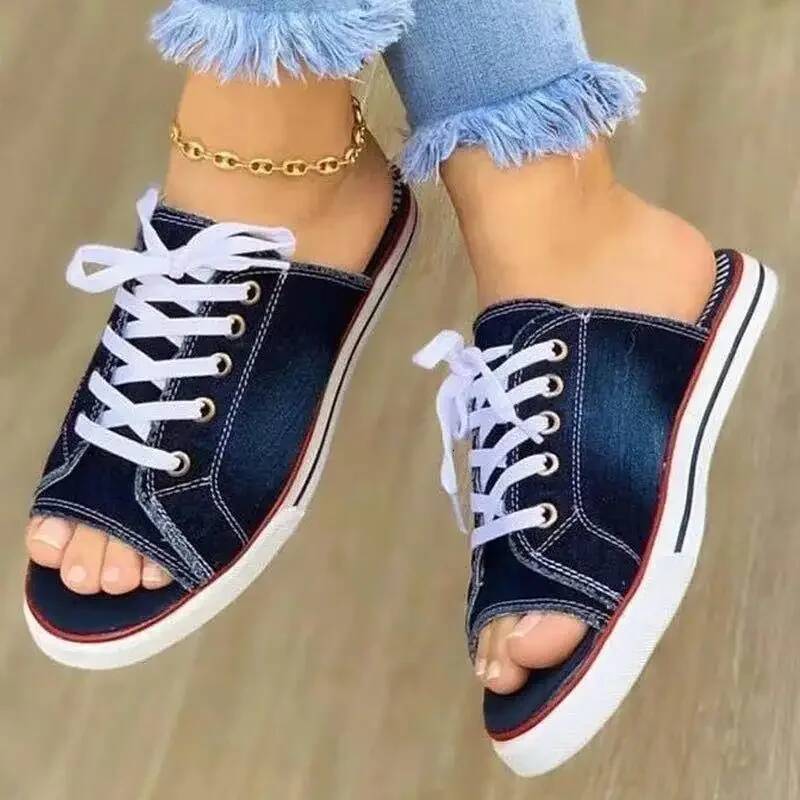 Ddmyoutdoor Ladies Slippers Canvas Lace Up Open Toed New Flat Bottom Casual Women Fashion Denim Beach Shoes outdoor shoes