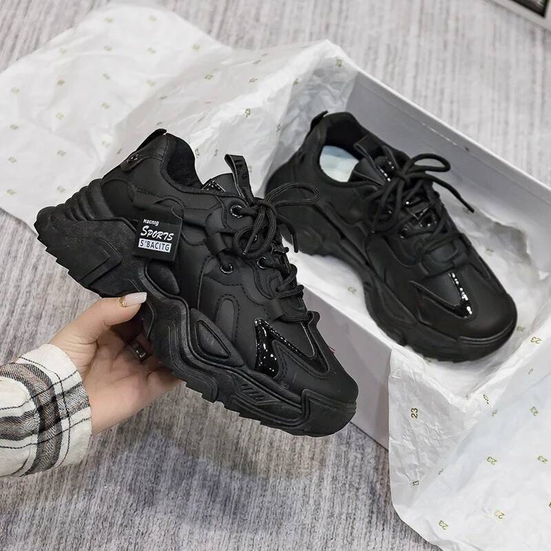 ddmyoutdoor New Women S Platform Autumn Leather Versatile Black Casual Sneaker Solid Color Lace Up Vulcanize Shoes Tenis Feminino Outdoor Outdoor Shoe