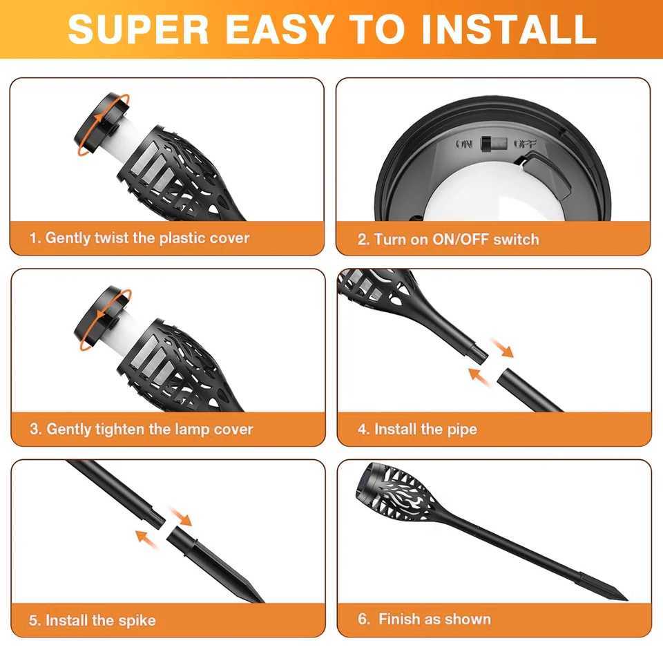 6pcs Solar Powered LED Flame Light Flickering Light Waterproof Garden Decoration Outdoor Lawn Path Yard Patio Floor Lamp W250607