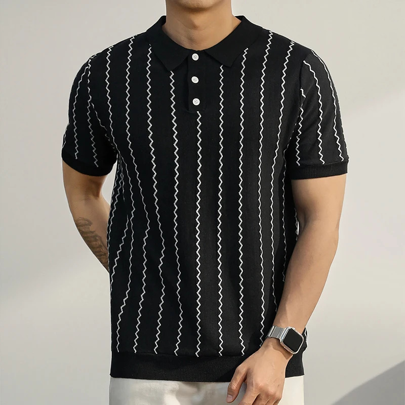 2025 Summer Trendy Striped Short Sleeve Polos Men Clothes Knitting Polo Neck Buttoned Tops Mens Slim Knitted Polo Shirts 250605