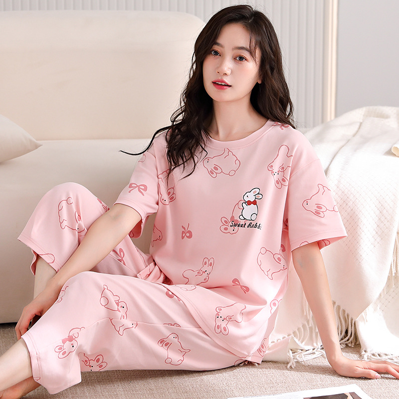 S13-Comes with chest pad integrated pajamas ladies summer cardigan short sleeve cartoon thin home clothes suit