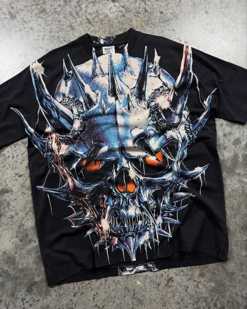 Punk Street Harajuku Clothing Dark Skull Casual Oversized Short Sleeves Fashionable American Hip-hop Pure Cotton T-shirt Men W250607