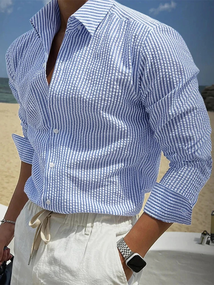 Stylish Long Sleeve Striped Shirts Mens Summer Vintage Turn-down Collar Button-up Shirt Tops Men Daily Casual Breathable Shirts 250605