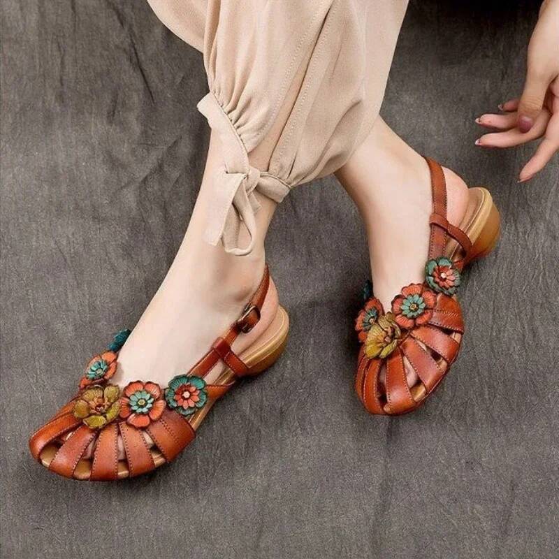 Ddmyoutdoor Retro Women Rome Sandals Flower Buckle Design Soft Leather Platform Sandal Casual Fashion Mom Shoes Sandalias Mujer Outdoor Shoes