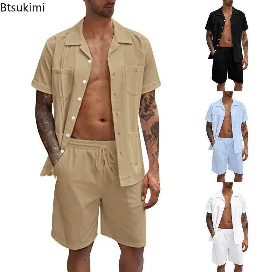 New Mens Summer Casual Sport 2 Piece Sets Fashion Cotton Linen Short Sleeve Shirt and Shorts Suit Men Loose Sport Shirt Outfits W250609