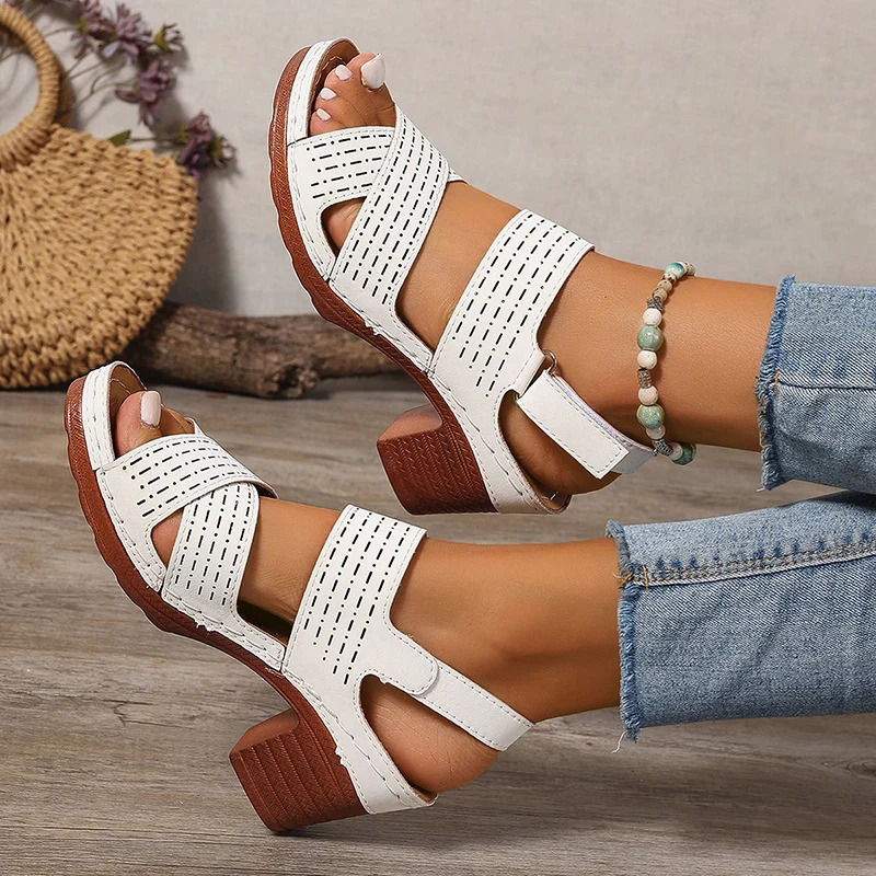 Hook Loop High Heels Sandals Women Summer 2025 Pu Leather Square Heel Rome Sandals Woman Open Toe Sexy Outdoor Sandalias Mujer 250605