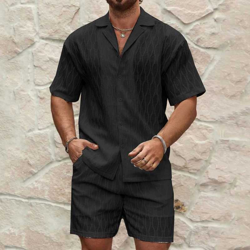 Daily Casual Mens Jacquard Two Piece Suits Summer Fashion Geometric Texture Outfits For Men Vintage Lapel Shirt And Shorts Sets W250609