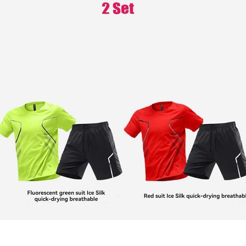 Tracksuit Suit Men Ice Silk Running Quick Dry Shirt Short Sleeve Summer Thin Shorts Fitness Basketball Training Wear Soccer Ball W250609
