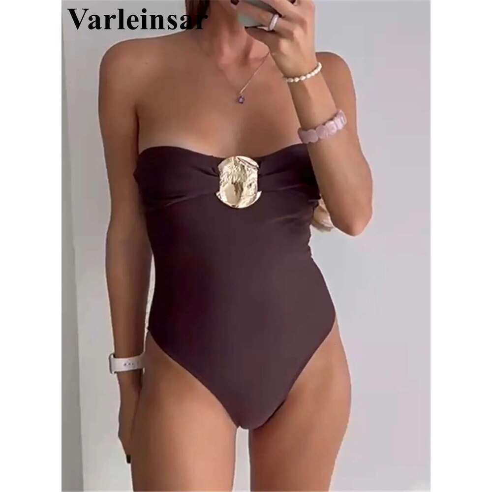 2025 New Sexy Solid Bandeau High Leg Cut One Piece Swimsuit Women Swimwear Female Monokini Padded Bather Bathing Suit Swim V6030