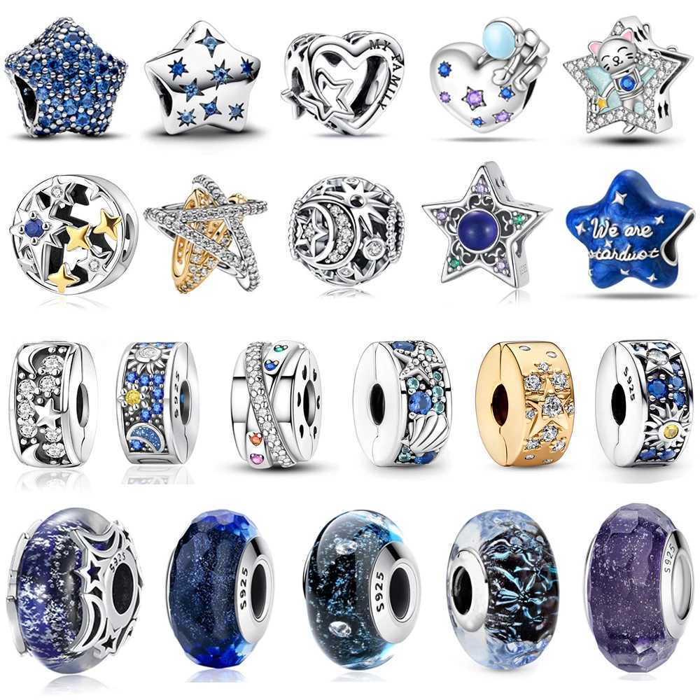 Hot Sale 925 Sterling Silver Sparkling Crossover Star Beads Galaxy Blue Star Murano Glass Charm Fits 3mm Bracelet Necklace XJ250607