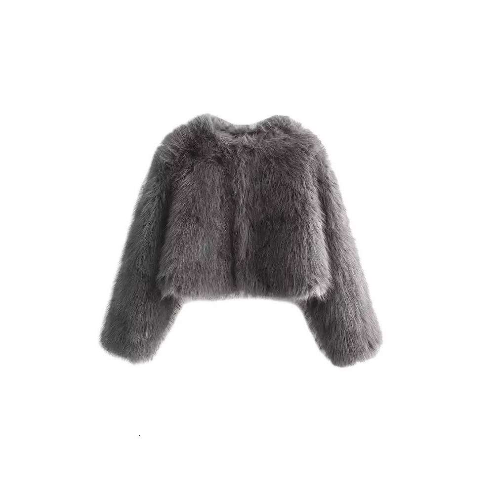 TRZA-Women's Thick Warm Faux Fur Cropped Jacket, O Neck, Long Sleeve, Female Outerwear, Chic Tops, Fashion luanyun