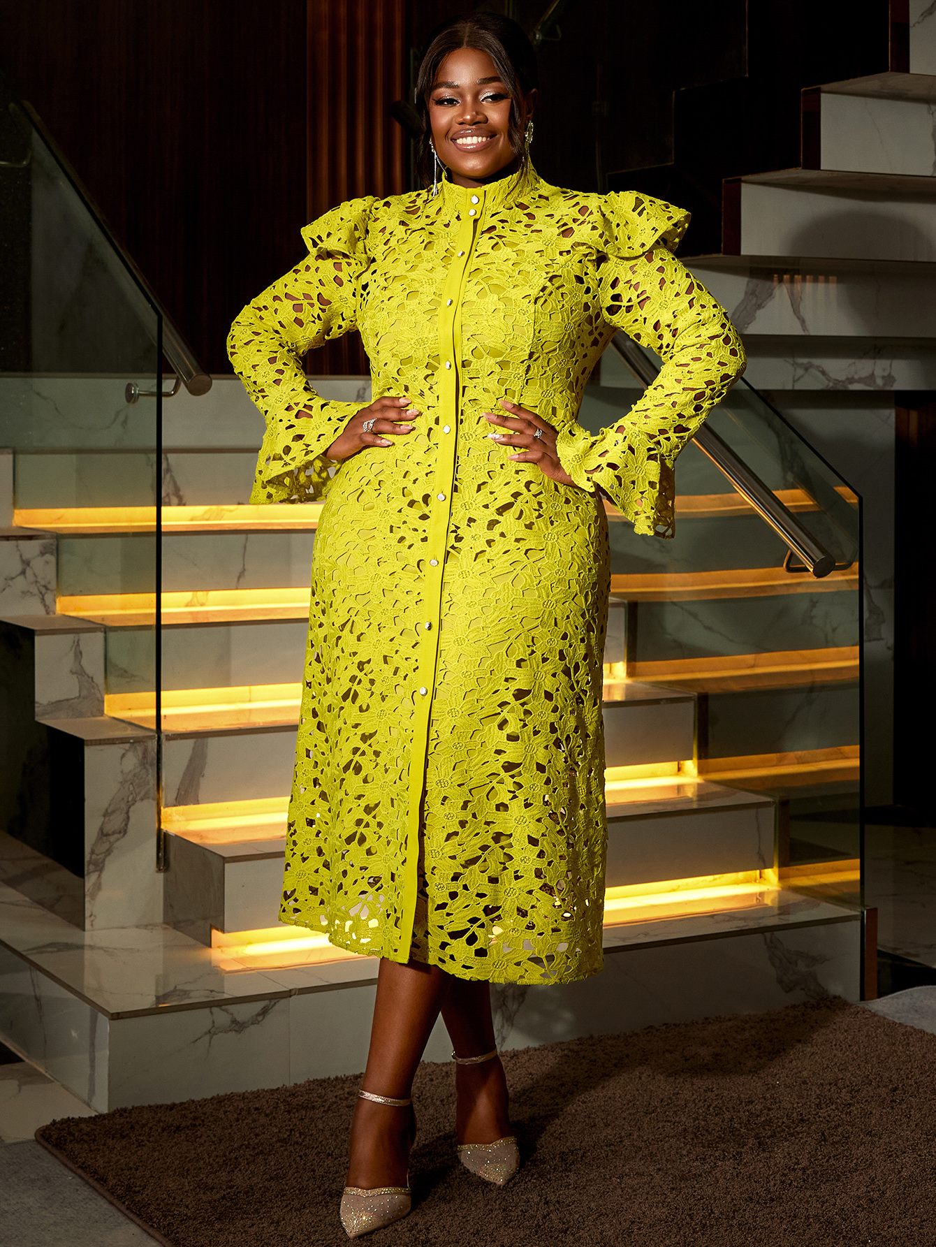 Elegant Women Plus Size Yellow Green Two Piece Sets Cutout Lace Straight Dress Full Trumpet Sleeve Stand Collar Midi Length Daily Wear AM040851SET