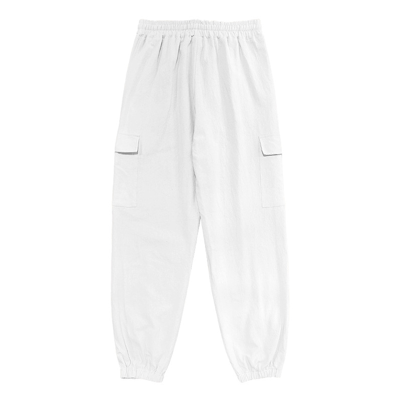 Men's pants linen sports pants jogging wear trendy long pants casual corset multi-pocket lace-up solid color loose large-sized Work pants long pa