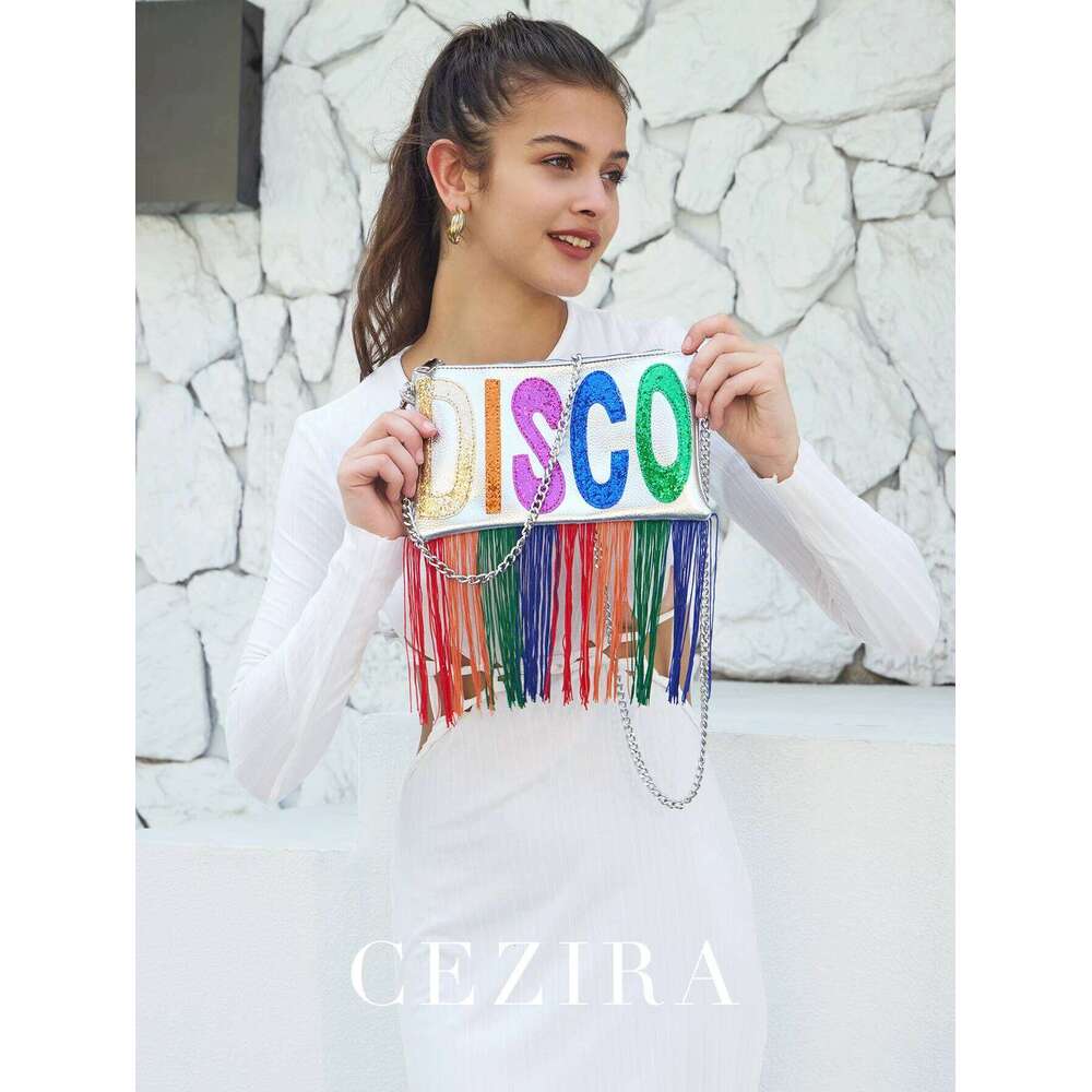 CR Metallic PU Leather Clutch Bag For Women Fashion Sequined Letters Colorful Fringe Square Long Chain Cross Body Handbag