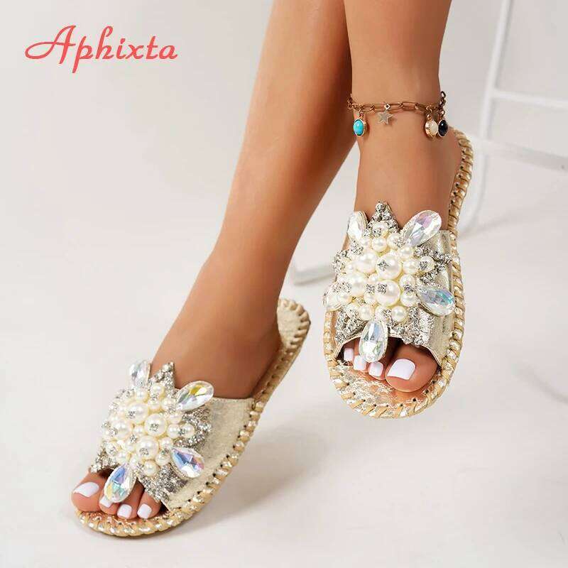 Aphixta New Gold Crystal Flower Slippers Women Summer Round Toe Shoes Outdoor Flat Heel Bling Slides Big Size43 Flip Flop