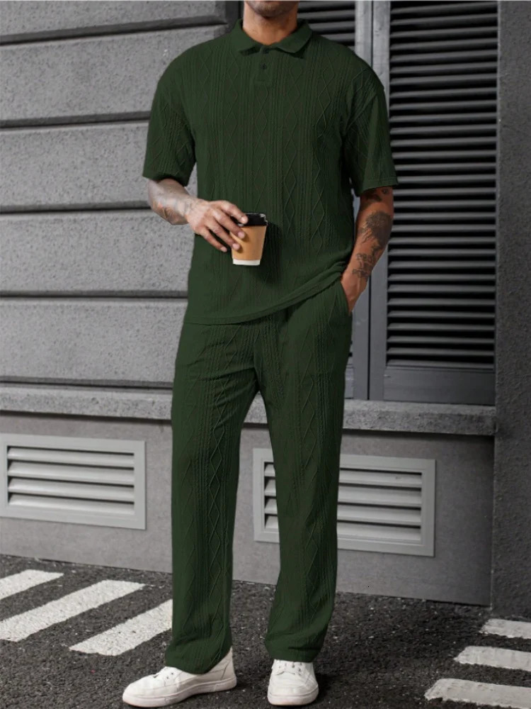 summer styles for men Solid-color jacquard set fashionable line texture casual lapel short-sleeved POLO shirt trousers 250605
