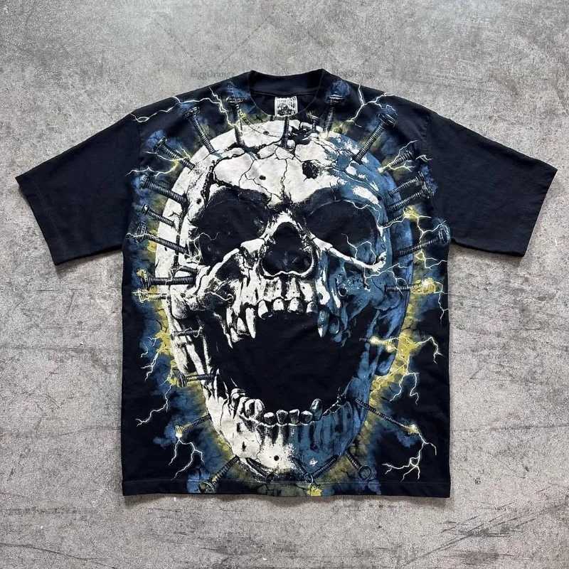 Punk Street Harajuku Clothing Dark Skull Casual Oversized Short Sleeves Fashionable American Hip-hop Pure Cotton T-shirt Men W250607