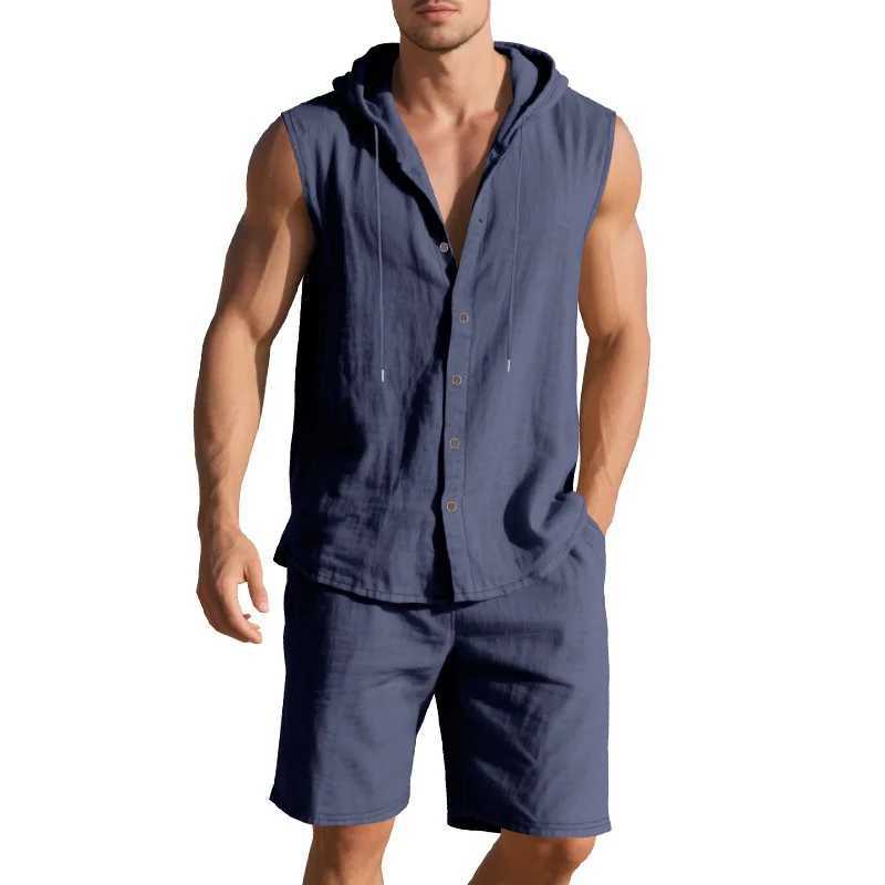 2025 Summer European and American Men Leisure Set Loose Linen Leisure Simple Hooded Sleeveless Shirt Shorts Two-Piece Suit W250609